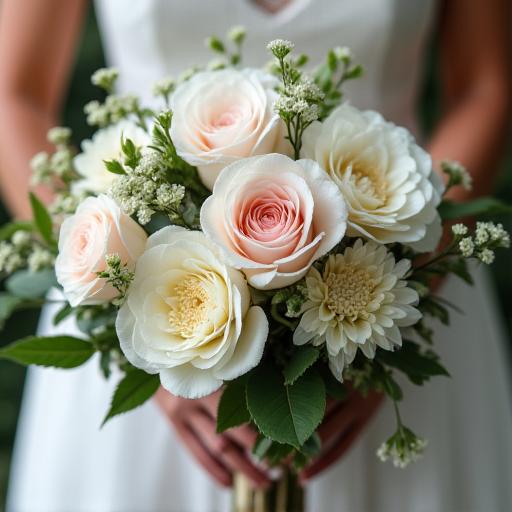 A close-up of a rustic and romantic bridal bouquet.
