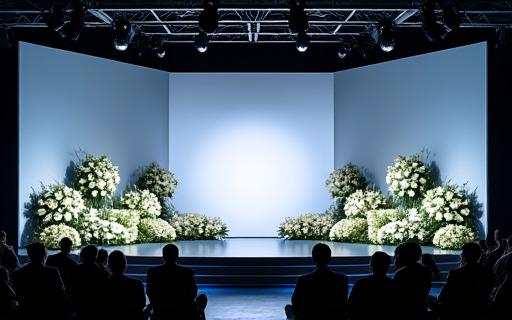 Floral decorations on a stage for a corporate event.