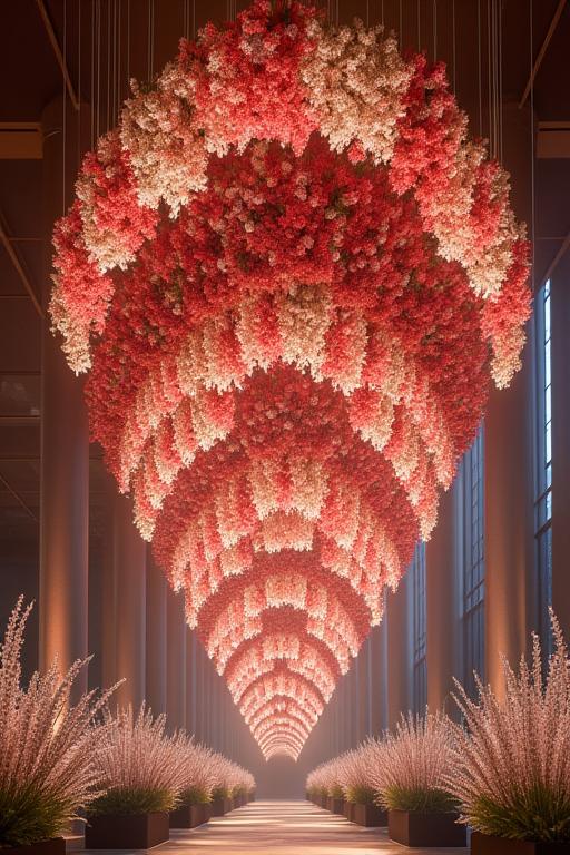 A large-scale, dramatic floral installation hanging from a ceiling.