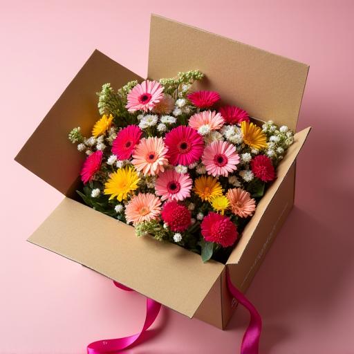 An open subscription box revealing fresh, beautiful flowers.
