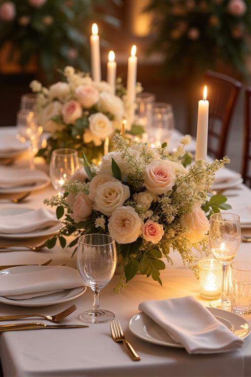 An elegant, low floral centerpiece for a wedding reception table.