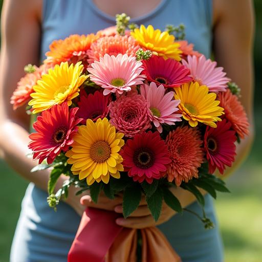 A person holding a large, vibrant bespoke bouquet of seasonal flowers.