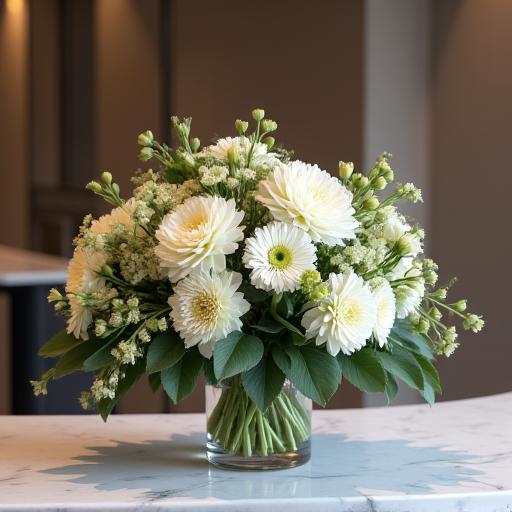 An elegant floral arrangement on a modern corporate reception desk.