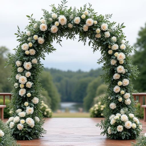 A beautiful wedding arch lavishly decorated with white roses and eucalyptus.