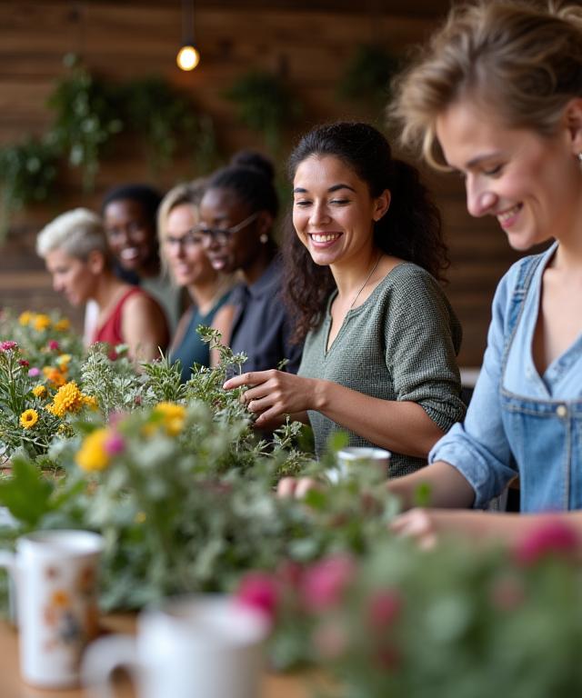 A group of people smiling and creating floral arrangements during a Zenith Blooms workshop.